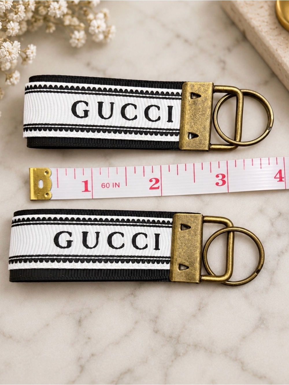 2 Handcrafted Authentic Upcycled Gucci Ribbon Keychain Set - Picture 2 of 3